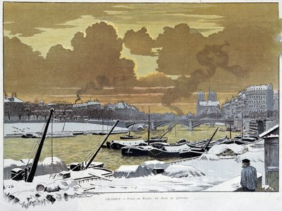 Le pont de Sully, in Paris covered snow, one evening of January 1886 - by Grasset بواسطة يوجين جراست