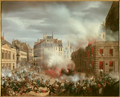 ثورة 1848: "حريق ساحة برج المياه بالقصر الملكي في 24 فبراير 1848". اللوحة بواسطة يوجين هاغناور بواسطة يوجين هاجناور