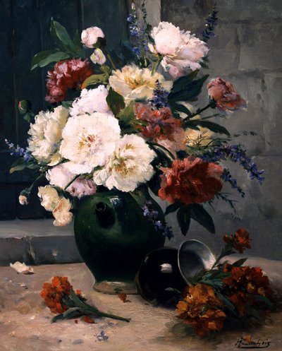 حياة صامتة من زهور الفاوانيا والقرنفل. لوحة رسمها يوجين هنري كوشوا (1850-1911) مجموعة خاصة. بواسطة يوجين هنري كوتشوا