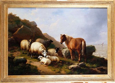 مهر وغنم على منحدر مع سفينة شراعية وراءها ، 1868 بواسطة يوجين جوزيف فيربويكوفن