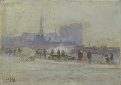 كاتدرائية نوتردام، منظر من رصيف فندق الفندق، حوالي عام 1900 (زيت على الخشب) بواسطة يوجين لويس جيلوت