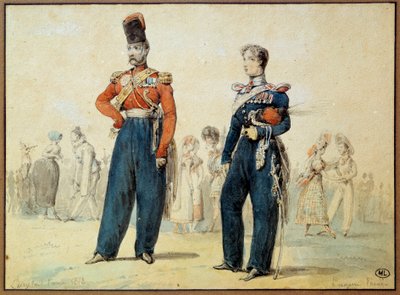 بدلة الكرة: رجلين يرتديان الزي العسكري. رسم بواسطة يوجين لويس لامي (1800-1890) القرن التاسع عشر في باريس ، متحف اللوفر بواسطة يوجين لويس لامي