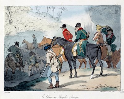 صيد الخنزير. رسم توضيحي لكتاب "La vie de chateau". نقش يوجين لويس لامي (1800-1890) بواسطة يوجين لويس لامي