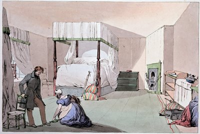النزل: خادمة تساعد الزبون على ارتداء الأحذية. رسم إيوجين لويس لامي (1800-1890) ، منتصف القرن التاسع عشر بواسطة يوجين لويس لامي