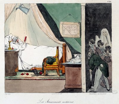 متعة الليل. يخشى الأطفال تخويف الشخص الذي يقرأ في السرير. رسم توضيحي لكتاب "La vie de chateau". نقش يوجين لويس لامي (1800-1890) بواسطة يوجين لويس لامي