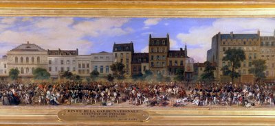 هجوم جوزيبي فيشي (المتآمر الكورسيكي) في 28/07/1835 ضد لويس فيليب الأول (1773-1850) ، ملك فرنسا ، بوليفارد دو تيمبل في باريس (لويس فيليب يراجع الحرس الوطني) تفاصيل لوحة ليوجين لامي (1800-1890) 1845 شمس. بواسطة يوجين لويس لامي
