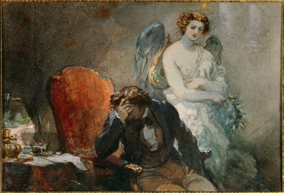 ليلة أكتوبر ، رسم توضيحي لأعمال ألفريد دي موسيت (1810-1857). لوحة مائية بواسطة يوجين لويس لامي (1800-1890) القرن التاسع عشر. 0،1 × 0،14 م مالميزون ، متحف القصر بواسطة يوجين لويس لامي