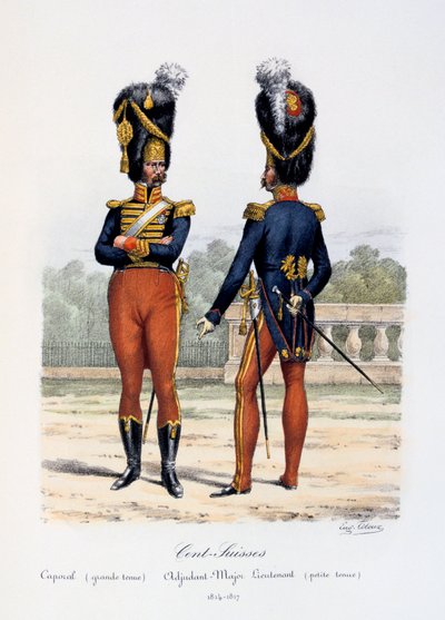 Cent-Suisses ، الزي العريف الكبير ، الزي الرئيسي الملازم ، الزي الصغير ، 1814-17 بواسطة يوجين تايتوكس