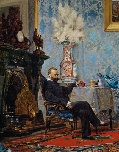 بيتر فابريكي يجلس في غرفة المعيشة ، تفاصيل من عائلة فابريكسي ، حوالي 1880 ، بقلم يوجين سكومباريني (1845-1913) ، زيت على قماش ، 68 × 187 سم ، إيطاليا بواسطة أوجينيو سكومباريني