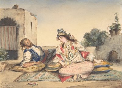 زوجان مغربيان على شرفة منزلهما ، ١٨٣٢. بواسطة يوجين ديلاكروا