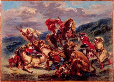الفرنسية: Chasse au lion بواسطة يوجين ديلاكروا