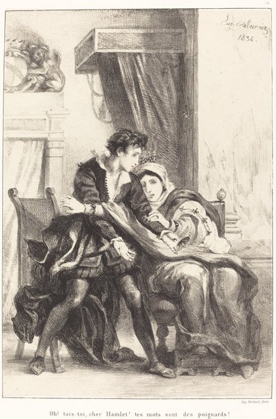 هاملت والملكة الفصل الثالث ، المشهد الرابع ، 1834. بواسطة يوجين ديلاكروا