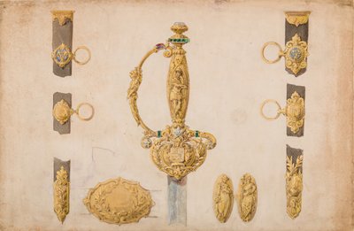تصميم لمقبض السيف ، والغمد ، وتركيبات الحزام ، كاليفورنيا. 1840-50. بواسطة يوجين جوليان.