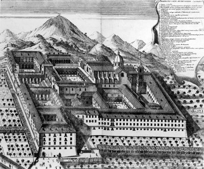 المنظر الهوائي، بسبب، monte، Cassino، إيطاليا.، engraving) بواسطة المدرسة الأوروبية
