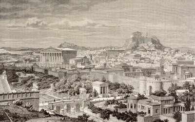 انطباع الفنان عن أثينا ، في عهد الإمبراطور هادريان ، من "El Mundo Ilustrado" ، نشر برشلونة ، 1880 بواسطة المدرسة الأوروبية