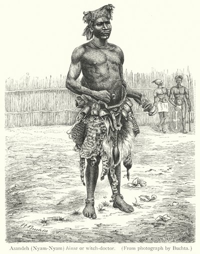 Azandeh (Nyam-Nyam) binsa أو witch-doctor (النقش) بواسطة المدرسة الأوروبية