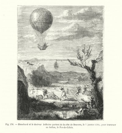 يغادر بلانشارد والدكتور جيفريز من ساحل دوفر ، 7 يناير 1785 ، للعبور في منطاد ، با دو كاليه (نقش) بواسطة المدرسة الأوروبية