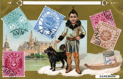 طوابع بريدية دنماركية وأيسلندية مع طفل إنويت وكلبه ، 1897 بواسطة المدرسة الأوروبية