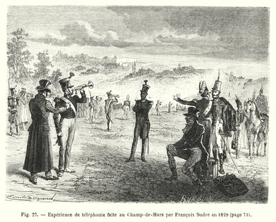 تجربة الهاتف صنع في Champ-de-Mars بواسطة Francois Sudre في عام 1829 (نقش) بواسطة المدرسة الأوروبية