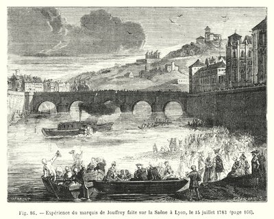 تجربة Marquis de Jouffroy التي تم إجراؤها على Saone في ليون ، 15 يوليو 1783 (نقش) بواسطة المدرسة الأوروبية