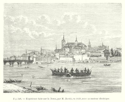 تجربة قام بها السيد جاكوبي في نيوا عام 1839 بمحرك كهربائي (نقش) بواسطة المدرسة الأوروبية