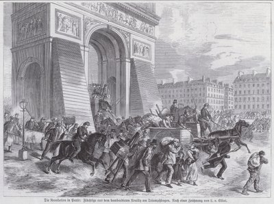 الهاربون من قصف الجيش الفرنسي لنويلي مرورًا بقوس النصر ، باريس كومونة ، أبريل 1871 (نقش) بواسطة المدرسة الأوروبية