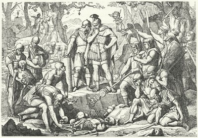 جرمانيكوس دفن عظام جنود الجيوش الرومانية الثلاثة بقيادة Publius Quinctilius Varus التي دمرها الألمان في معركة غابة تويتوبورغ في 9 قبل الميلاد (نقش) بواسطة المدرسة الأوروبية