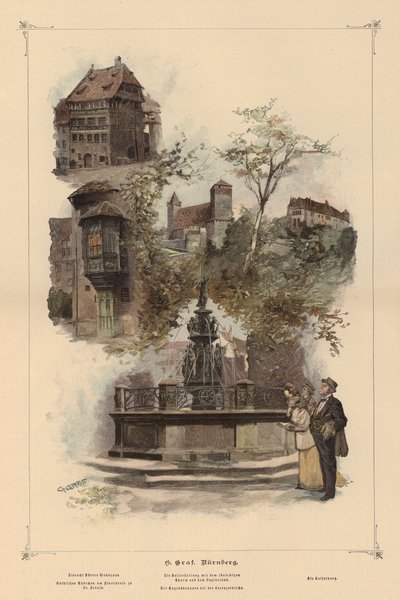 Prominent buildings in Nuremberg, Germany (coloured engraving) بواسطة المدرسة الأوروبية