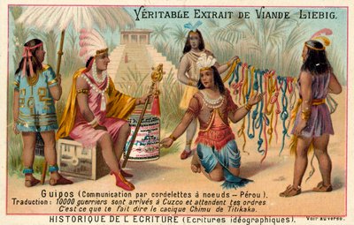 Quipus, system of communication using knotted strings, Peru (chromolitho) بواسطة المدرسة الأوروبية