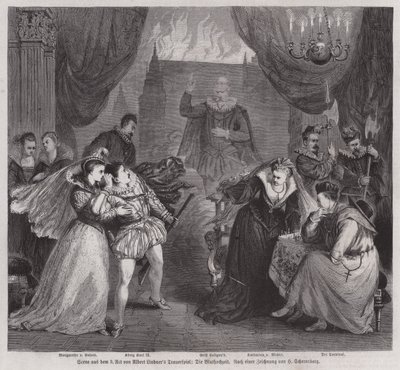 مشهد من الفصل الثالث لمأساة الكاتب المسرحي الألماني ألبرت ليندنر Die Bluthochzeit (عرس الدم) (نقش) بواسطة المدرسة الأوروبية