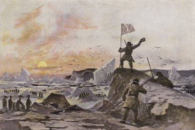 المستكشف الاسكتلندي توماس سيمبسون يكتشف فيكتوريا لاند في القطب الشمالي الكندي ، سبتمبر 1838 (ليثو ملون) بواسطة المدرسة الأوروبية