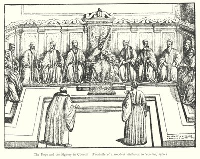 The Doge and the Signory in Council (نقش) بواسطة المدرسة الأوروبية