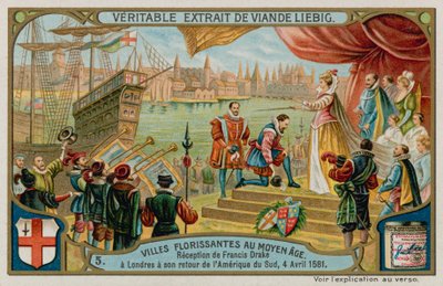 استقبال فرانسيس دريك إلى لندن من أمريكا الجنوبية عام 1581 (chromolitho) بواسطة المدرسة الأوروبية