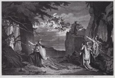 The Ride of the Valkyries ، مشهد من Die Walkure ، الأوبرا الثانية لريتشارد واغنر في Der Ring des Nibelungen ، تم عرضها في المسرح الوطني ، ميونيخ (نقش) بواسطة المدرسة الأوروبية