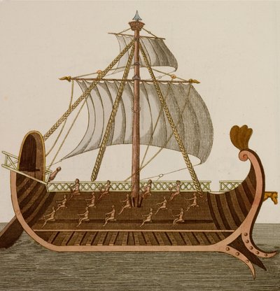 Trireme ، سفينة حربية استخدمها قدماء الفينيقيين والإغريق والرومان (نقش ملون) بواسطة المدرسة الأوروبية