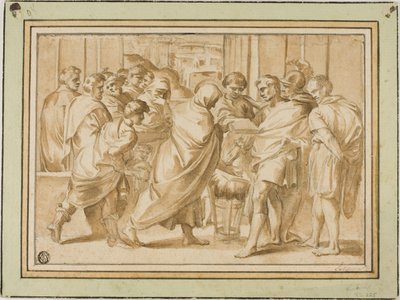مشهد من التاريخ الروماني ، مع شكل رايات يعرض كتابًا على الحاكم بواسطة Eustache Le Sueur