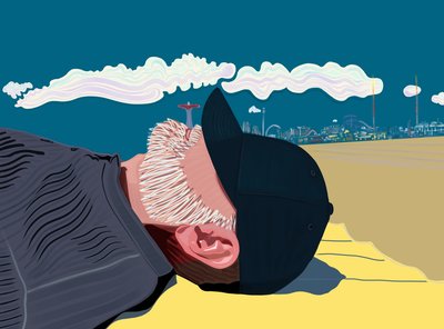 رجل ذو لحية على شاطئ كوني آيلاند (فن رقمي) بواسطة إيفان سكلار