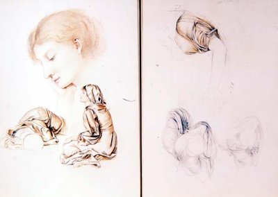 ست دراسات عن عارضات أزياء ، صفحتان من إحدى كراسات الرسم الخاصة بالفنان (قلم رصاص ، طباشير على ورق) بواسطة إيفلين دي مورغان