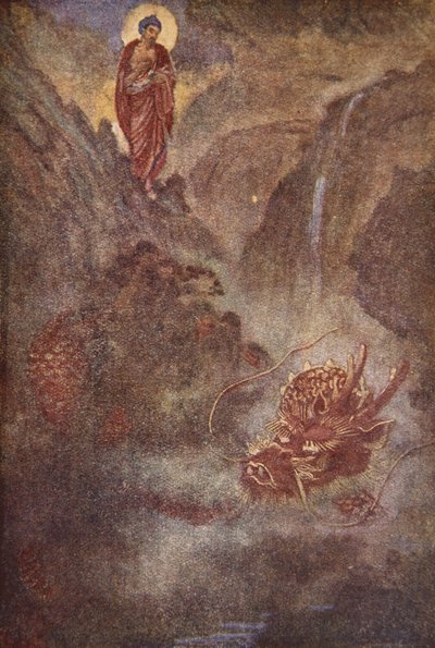 بوذا والتنين ، رسم توضيحي من "أساطير وأساطير اليابان" بقلم إف. هادلاند ديفيس بواسطة إيفلين بول