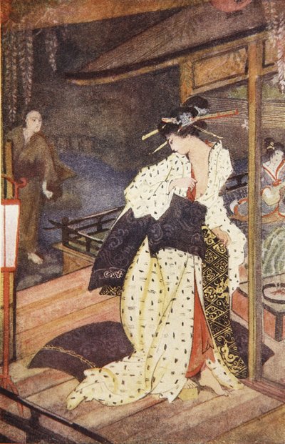 كيو والكاهن ، رسم توضيحي من "أساطير وأساطير اليابان" بقلم إف. هادلاند ديفيس بواسطة إيفلين بول