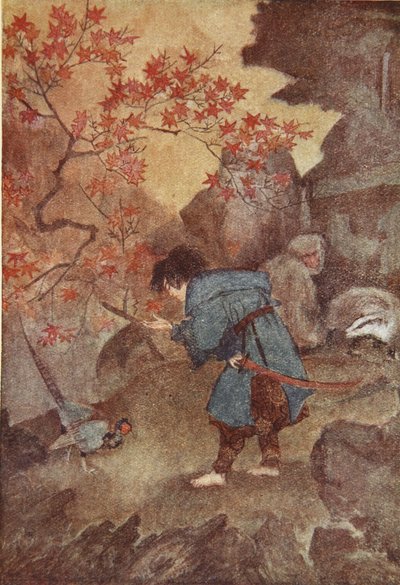 موموتارو والدراج، رسم توضيحي من "أساطير وأساطير اليابان" بقلم إف هادلاند ديفيس بواسطة إيفلين بول