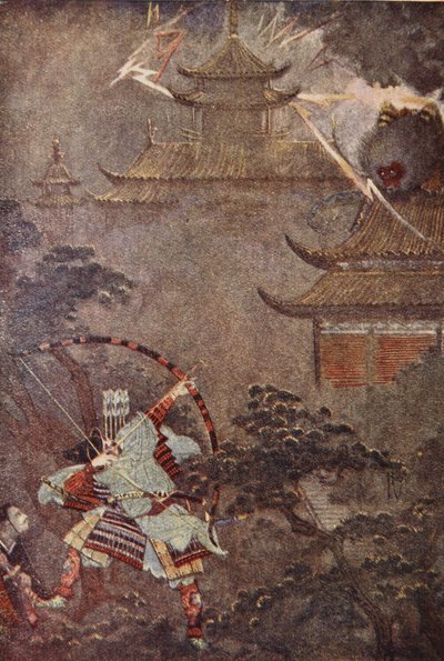 يوريماسا يذبح الوحش ، رسم توضيحي من "أساطير وأساطير اليابان" بقلم إف هادلاند ديفيس بواسطة إيفلين بول