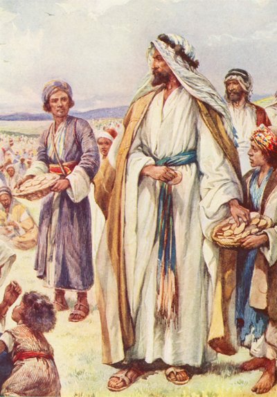 يسوع يُطعم حشداً كبيراً من الناس (طباعة حجرية ملونة) بواسطة إيفلين ستيوارت هاردي