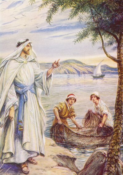 يسوع ينادي الصياد (طباعة حجرية ملونة) بواسطة إيفلين ستيوارت هاردي