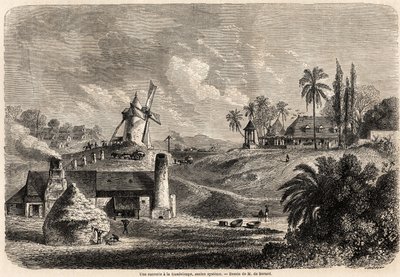مصنع سكر في غوادلوب ، رسمه أوغست دي بيرارد (1824-1881) ، لتوضيح الرحلات إلى جزر الهند الغربية ، في 1858-1859 ، بواسطة أنتوني ترولوب (1815-1882). نقش في "" حول العالم ، مجلة سفر جديدة "" باريس بواسطة إيفريموند دي (بعد) بيرارد