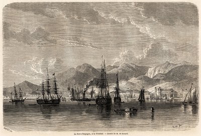 ميناء إسبانيا ، في ترينيداد (ترينيداد وتوباغو) ، رسمه إيفريموند أوغست دي بيرارد (1824-1881) ، لتوضيح الرحلات إلى جزر الهند الغربية ، في 1858-1859 ، بواسطة أنتوني ترولوب (1815-1882). نقش في "" Le Tour du monde ، مجلة nouveau des voya بواسطة إيفريموند دي (بعد) بيرارد