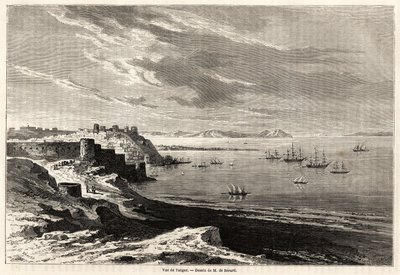 منظر لطنجة (المغرب) ، رسمه إيفريموند دي بيرارد (1824-1881) ، لتوضيح ملاحظات سفر إم إف إس تشيكلر إلى المغرب. نقش في "" حول العالم ، مجلة سفر جديدة "" باريس بواسطة إيفريموند دي (بعد) بيرارد