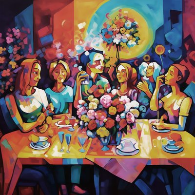 رسم توضيحي تجريدي، عشاء عائلي سعيد، ألوان كاملة، طباعة فنية جدارية بواسطة فشتالي عبد الرحيم