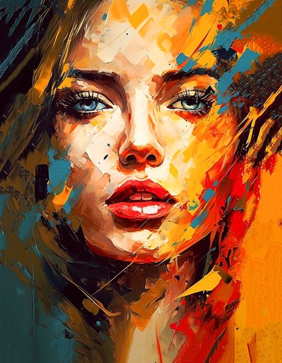 رسم صورة وجه فتاة جميلة، عيون زرقاء، نمط انطباعي، مطبوعات فنية على القماش بواسطة فشتالي عبد الرحيم