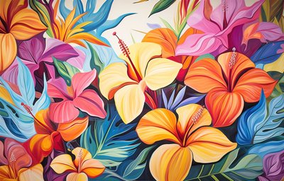 باقة من زهور الكركديه ذات الألوان الزاهية، والرسم الزهري، والمطبوعات الفنية بواسطة فشتالي عبد الرحيم